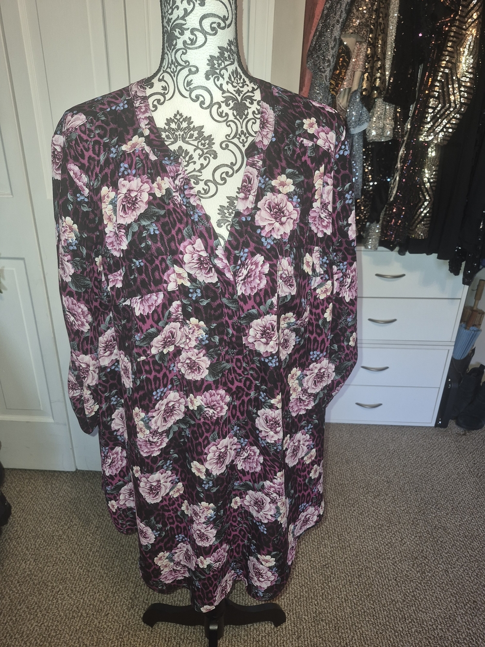 Torrid Floral & Leopard Print V-Neck Tunic Dress in Plum
